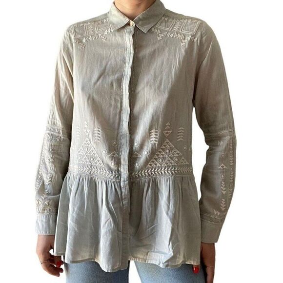 Johnny Was 3J Workshop Sage Green Floral Embroidered Button Down Blouse Sz M - Picture 1 of 10